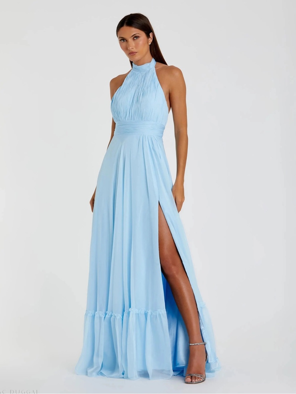 Mac Duggal Sky Blue High Neck Tiered Chiffon Halter Gown